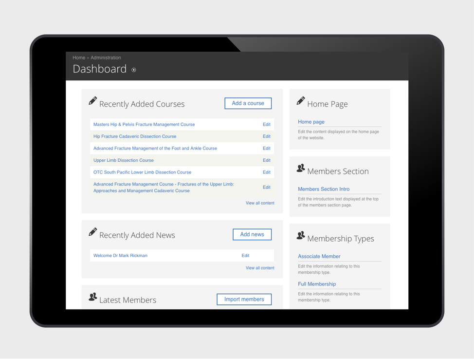 OTC website Drupal dashboard view